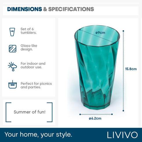 6 Multicoloured Plastic Tumblers - Teal